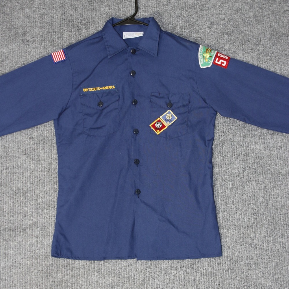 Vintage Boy Scouts of America Shirt Kids LG Blue Long Sleeve Uniform Patches